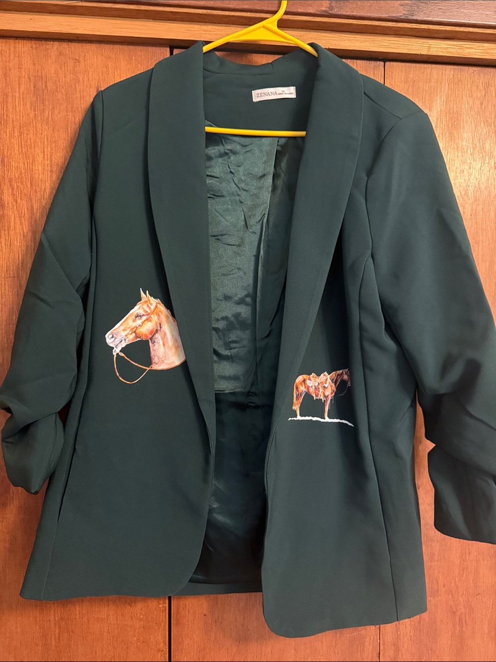 Brand new Zenana Outfitters Dark Green Blazer with Equestrian Horse Embroidery